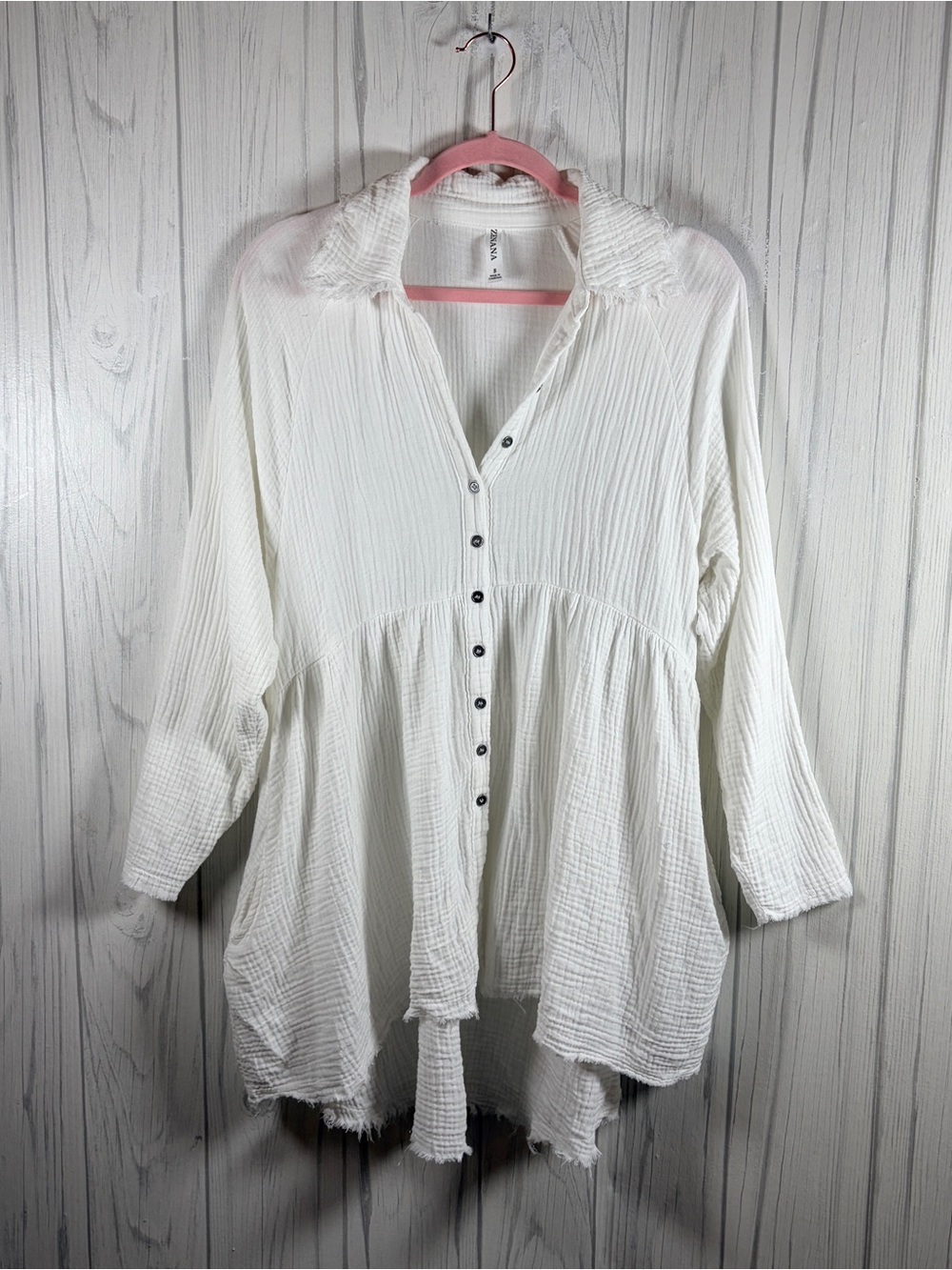 ZENANA 100% Cotton Muslin Long-Sleeve Button-Front Shirt Dress w/Pockets, Small